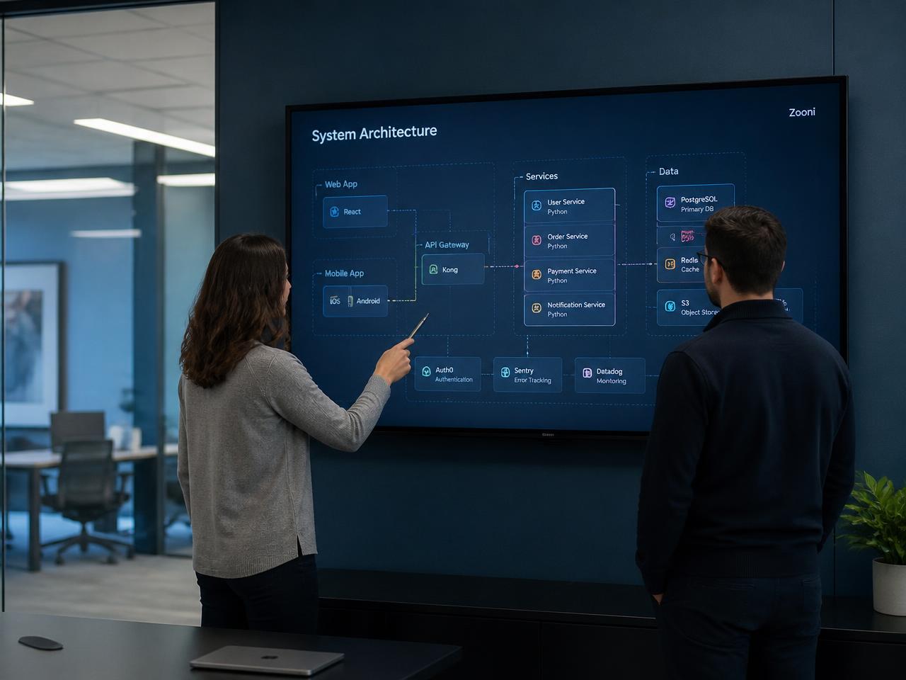 Two colleagues reviewing a digital system together at a workstation